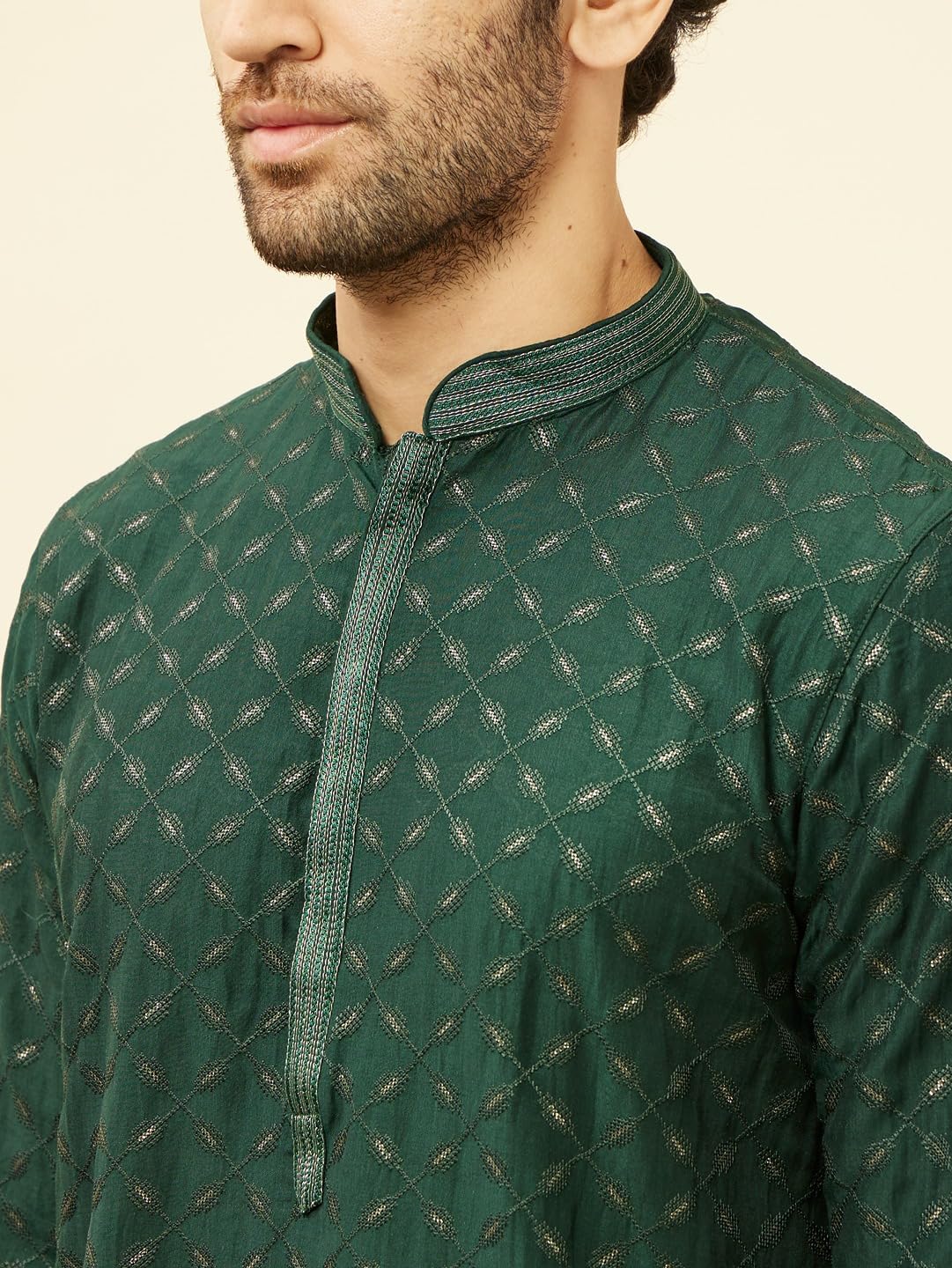 Manyavar Mens Green Art Silk Self Design Kurta Pyjama Set