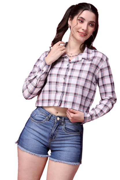POPWINGS Casual Pure Cotton Checks Crop Shirt for Women | Stylish Western Full Sleeves