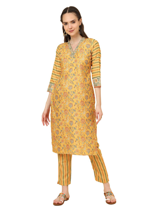 AVANOVA Women's Yellow Cotton Blend V Neck, 3/4 Sleeve Straight Printed Kurta with Pant (KP 93)
