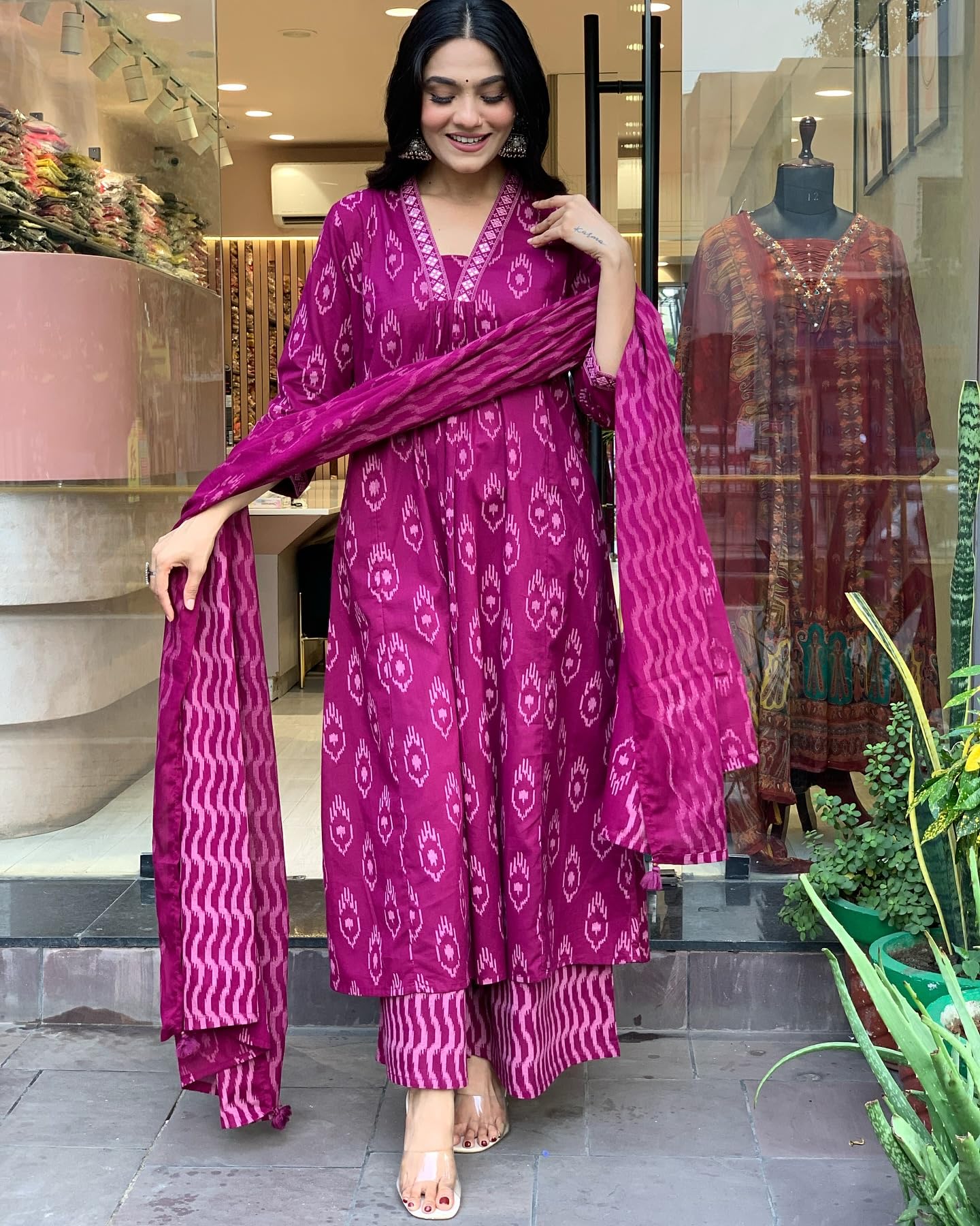 Gosriki WomenS Rayon Viscose Printed Anarkali Kurta With Palazzo & Dupatta (Dipa Rani-Gs_Xxl_Pink_Xx-Large)