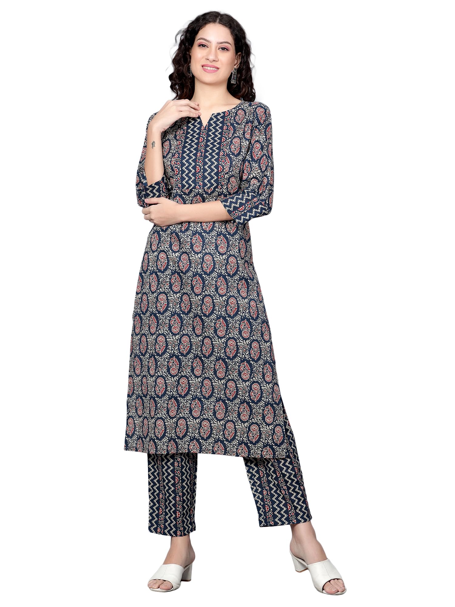 idaLia Indigo Blue Printed Cotton Kurta Set