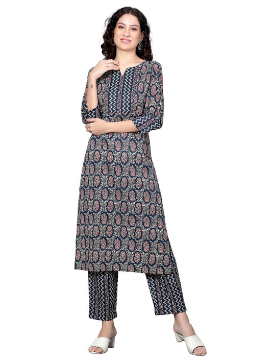 idaLia Indigo Blue Printed Cotton Kurta Set