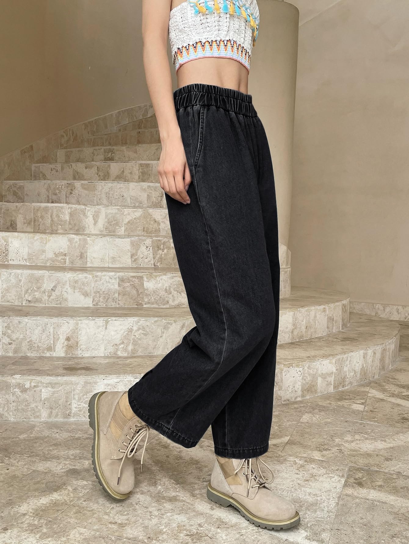 Sugathari Womens Black Denim Cotton Elastic Waist Cropped Straight Ankle Length Wide Leg Casual Baggy Jeans for Women, Trousers