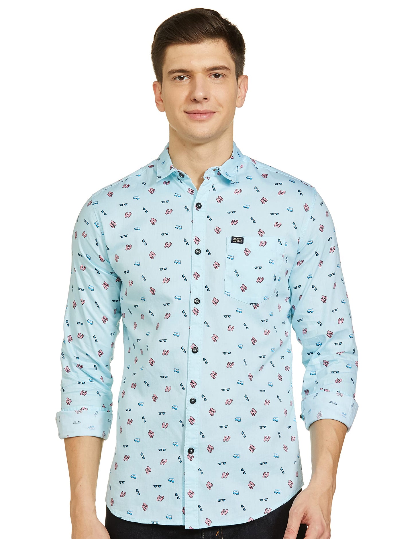 The Indian Garage Co Men Blue Conversational Printed Slim Fit Cotton Casual Shirt