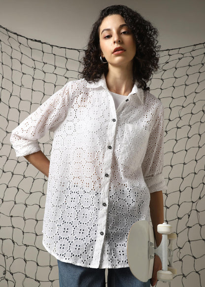 Hubberholme Women Cotton Schiffli Oversized Fit Spread Collar Full Sleeves Shirts