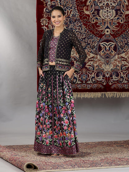 Aurelia Womens Pink Geometric Printed Sleeveless Top, Black Sheer Jacket and Flared Skirt Set