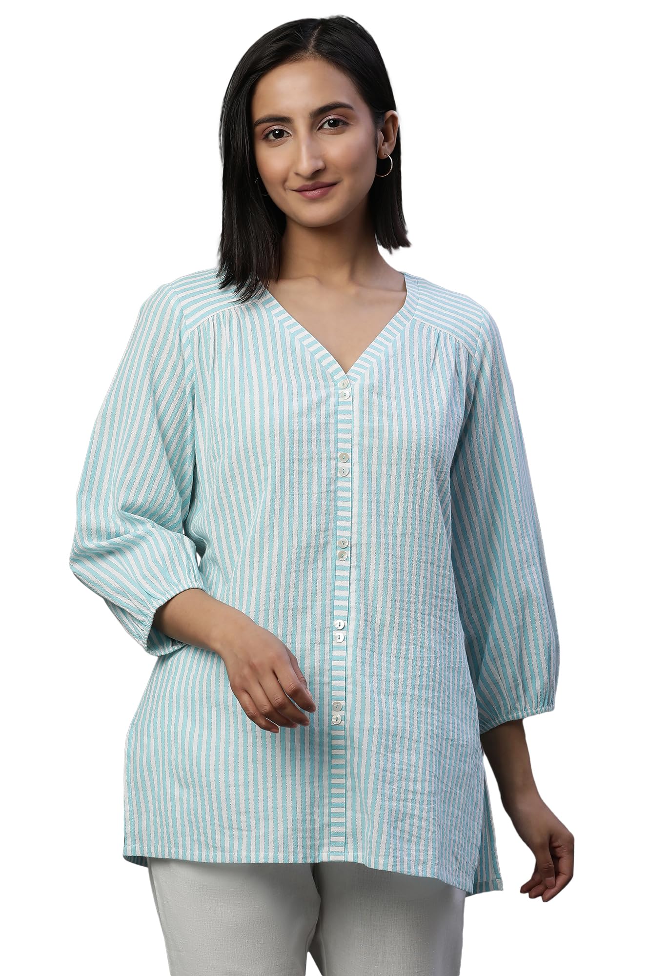 Aurelia WomenS Cotton Striped Regular Kurti (24Fea30426_Blue