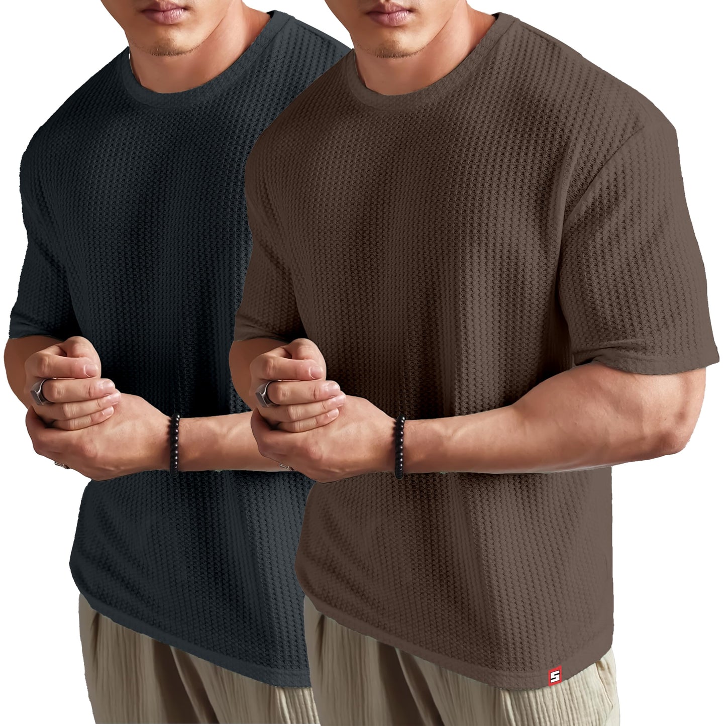 SHODOX Mens Solid Dotted Unique Design Oversized Tshirt for Men - Round Neck Loose Fit Drop Shoulder Mens T-Shirt (Pack of 2)