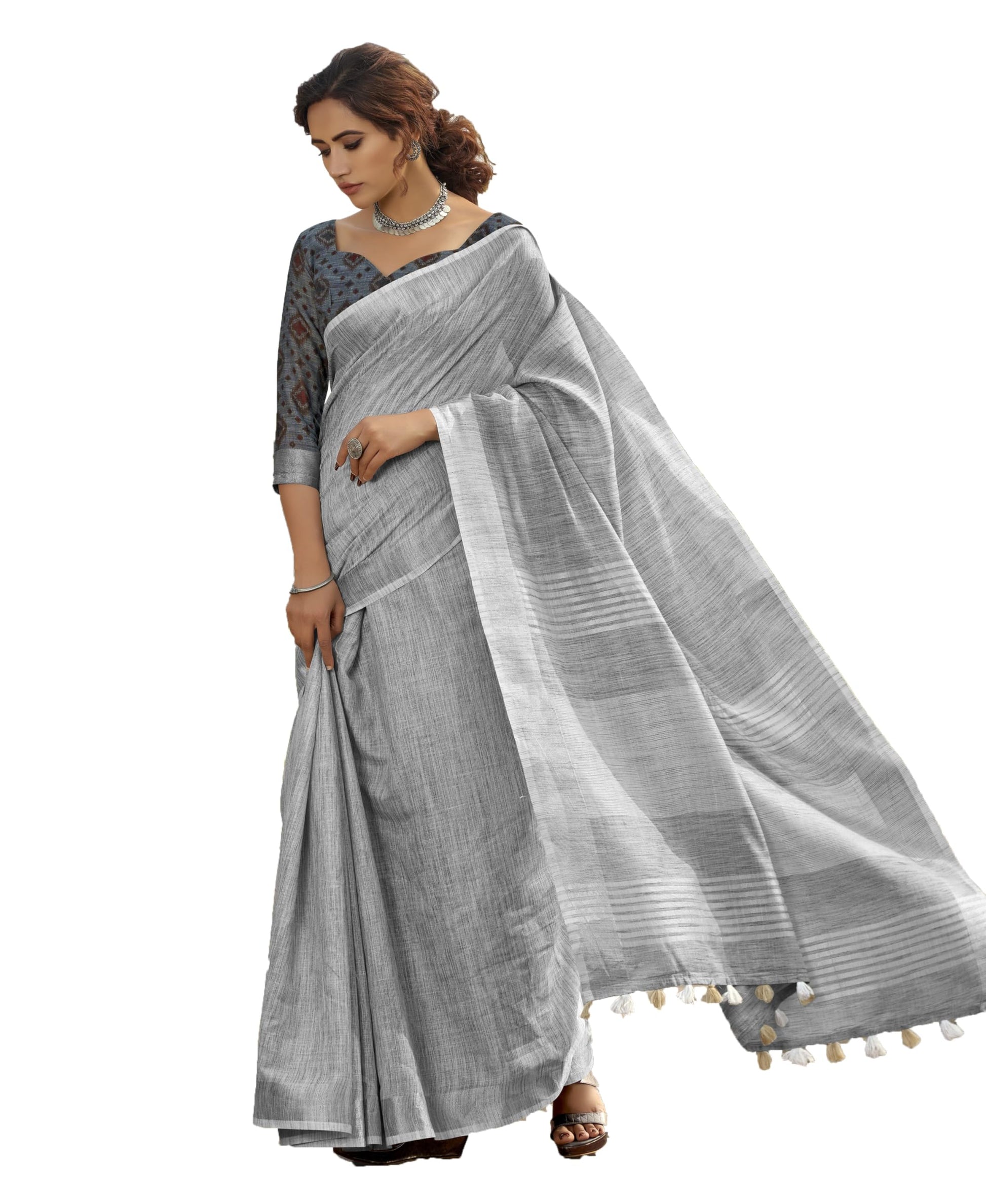 Pujia Mills Woman Soft Linen Saree With Zari Woven Design Cotton Saree Zari Border Saree Indian Ethnic Wear Saree Cotton Saree C