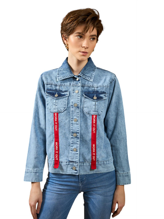 Dolce Crudo Womens Collared Full Sleeve Buttoned Solid Denim Jacket (DOSS19DEN05-21-158-06, Light Blue, XL)