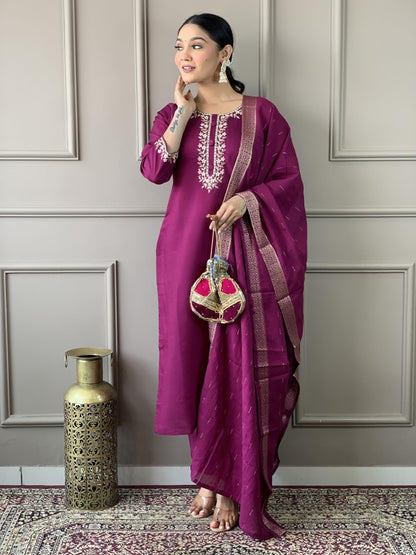 Naixa Womens Wine Chanderi Viscose Embroidered Straight Kurta with Chanderi Viscose Pant and Cotton Laced Dupatta Sets (NX-S-Em