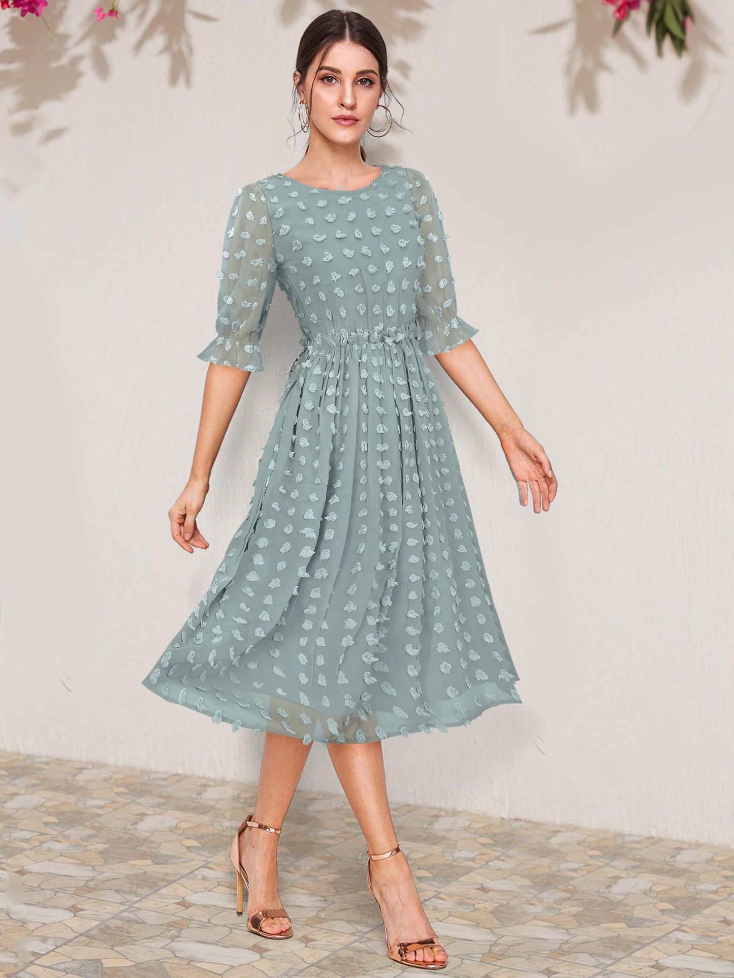 Toochki WomenS Sea Green Dobby Georgette Woven Fit & Flared Western Dress | Dress For Women | A Line Dress | Winter Dress | Wes