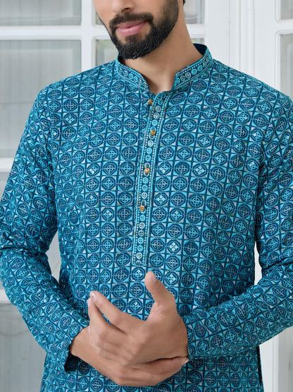 See Designs Mens Full Sleeve Mandarin Collar Men Dark Blue Embroidered Mandarin Collar Straight Long Kurta - Festive Collection
