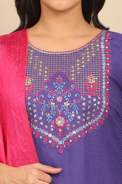 Aurelia Women's Blue Zari Embroidered Straight Kurta, Leggings and Dupatta Set