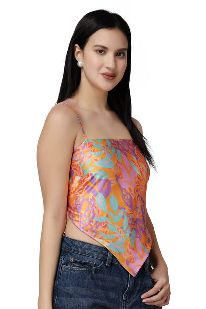 POPWINGS Women Casual Multicolor Printed Regular Satin Scarf Knot Solid Crop Top