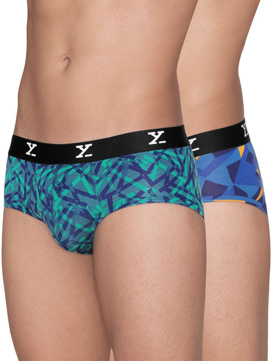 XYXX Mens Modal Slim Geometric Briefs (Pack of 2) (XY_R5_BRF_02_Aqua Strokes + Prism Blue