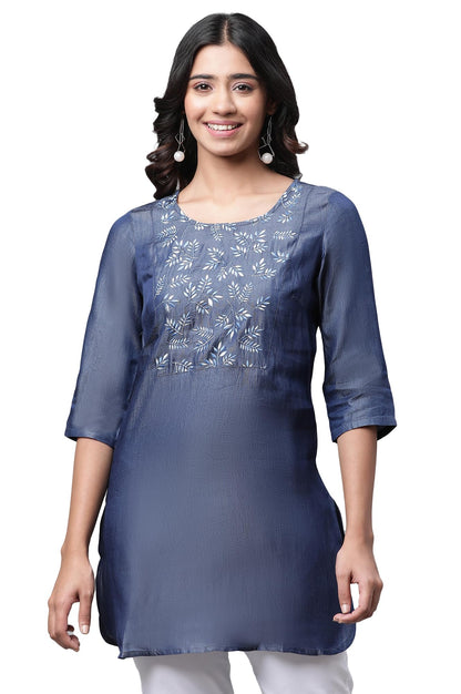 Aurelia Women Blue Yarn Dyed Lyocell Straight Kurti