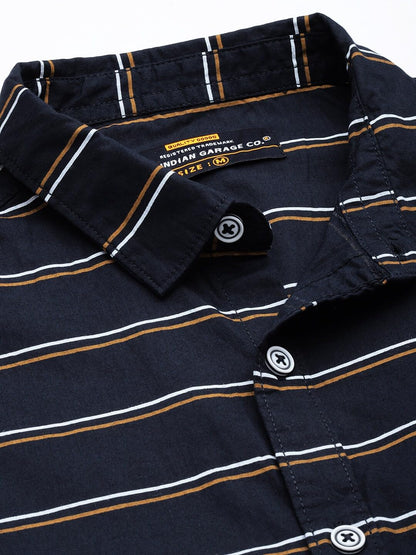 The Indian Garage Co Blue Regular Fit Spread Collar Striped Short Sleeves Shirt