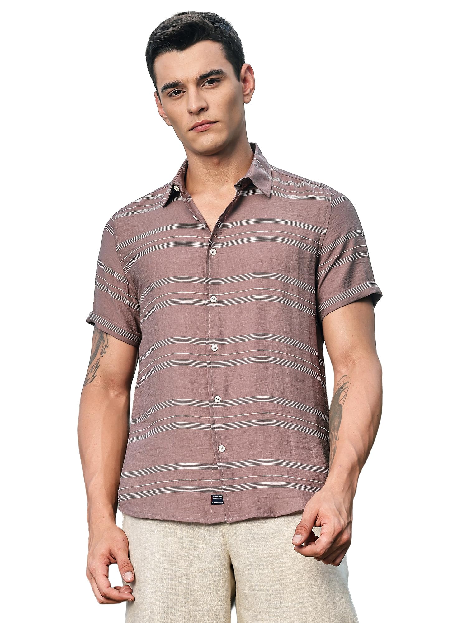 Thomas Scott Mens | Stripes | Short Sleeve | Spread Collar | Premium Polycoton Material | Slim Fit | Casual | Shirts for Men(TS