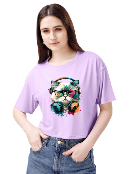ELLITI Soft Rich Cotton Casual Cat Face Printed Lavender/Purple Half Sleeve | Round Neck | Oversized/Loose Fit | Down Solder | R