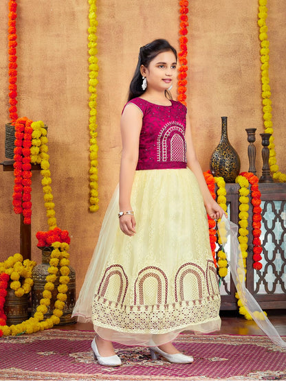 Aarika Girls Ethnic Wear Maroon-Beige Colour Thread Embroidery Net Lehenga Choli Set (4-10 Years)