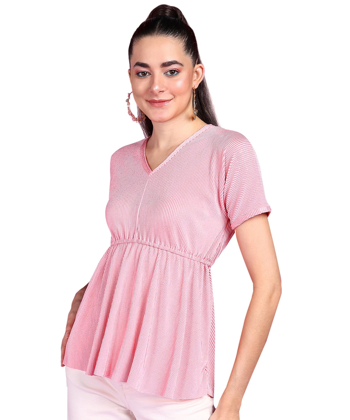 POPWINGS Wrinkle Shimmer Peplum Tops for Women | Peplum Tops for Women Half Sleeves V-Neck Top for Women | Stylish Tops for Wome
