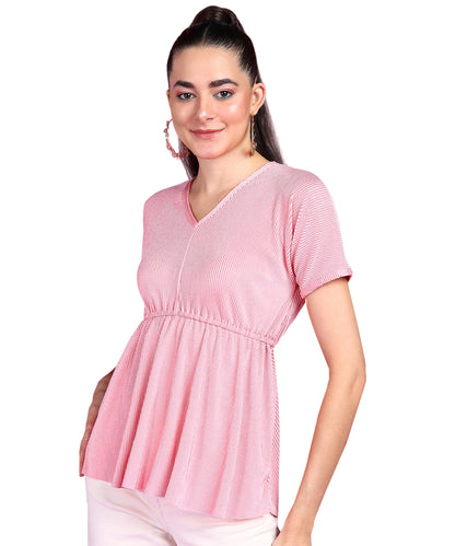 POPWINGS Wrinkle Shimmer Peplum Tops for Women | Peplum Tops for Women Half Sleeves V-Neck Top for Women | Stylish Tops for Wome