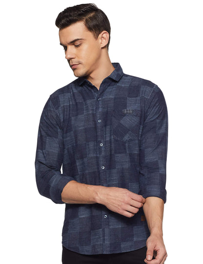 Campus Sutra Mens Navy Blue Checkered Button Up Shirt Regular Fit for Casual Wear | Structured Shirt Crafted with Regular Full