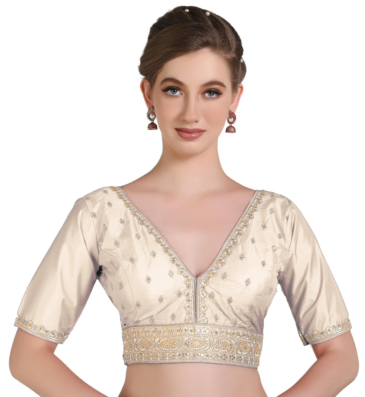Pujia Mills Woman Readymade Ethnic Wear Deep V Neck Classic Butti Designer Half Sleeve Red Blouse Online Embroidery Zari Work Wi