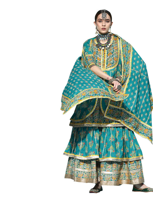 ishin Women's Cotton Embroidered A-Line Layered Kurta With Sharara & Dupatta