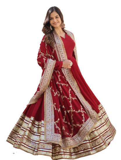 Fashion Basket WomenS Red Georgette Solid Anarkali Dress