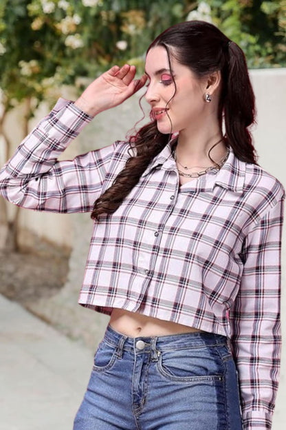 POPWINGS Casual Pure Cotton Checks Crop Shirt for Women | Stylish Western Full Sleeves
