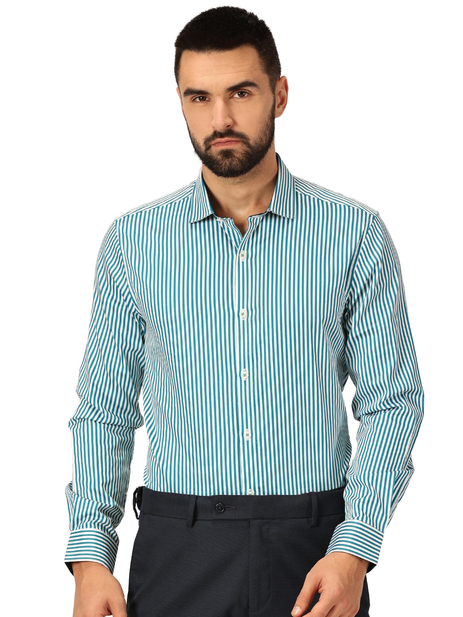 Thomas Scott 100% Cotton Strpes Slim Fit Formal Shirts for Mens Turquoise