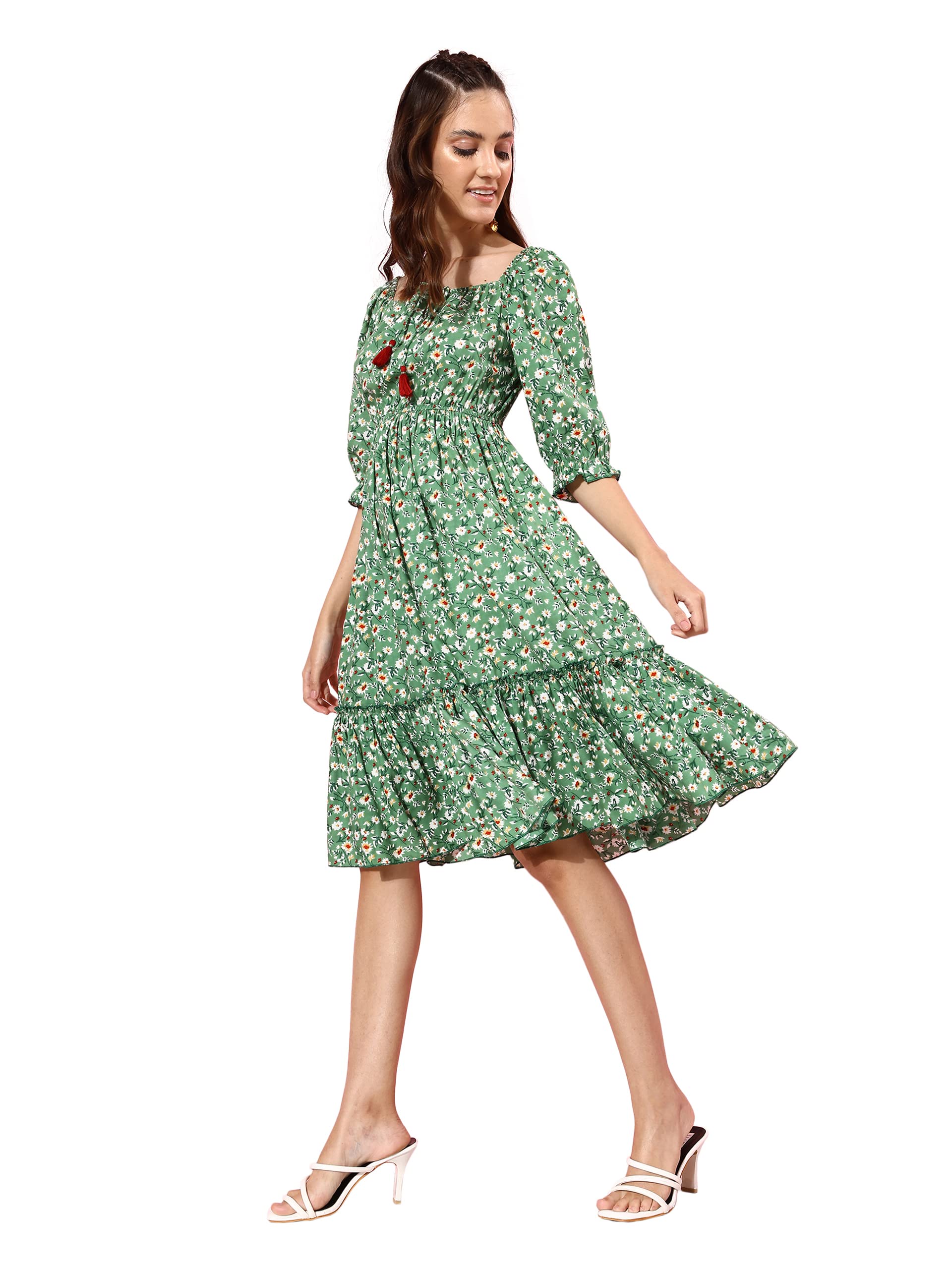 Miss Chase Womens Green Floral Square Neck 3/4 Sleeve Viscose Rayon Ruffled Knee Length Dress (MCAW22D99-84-48-02, Green, XS)