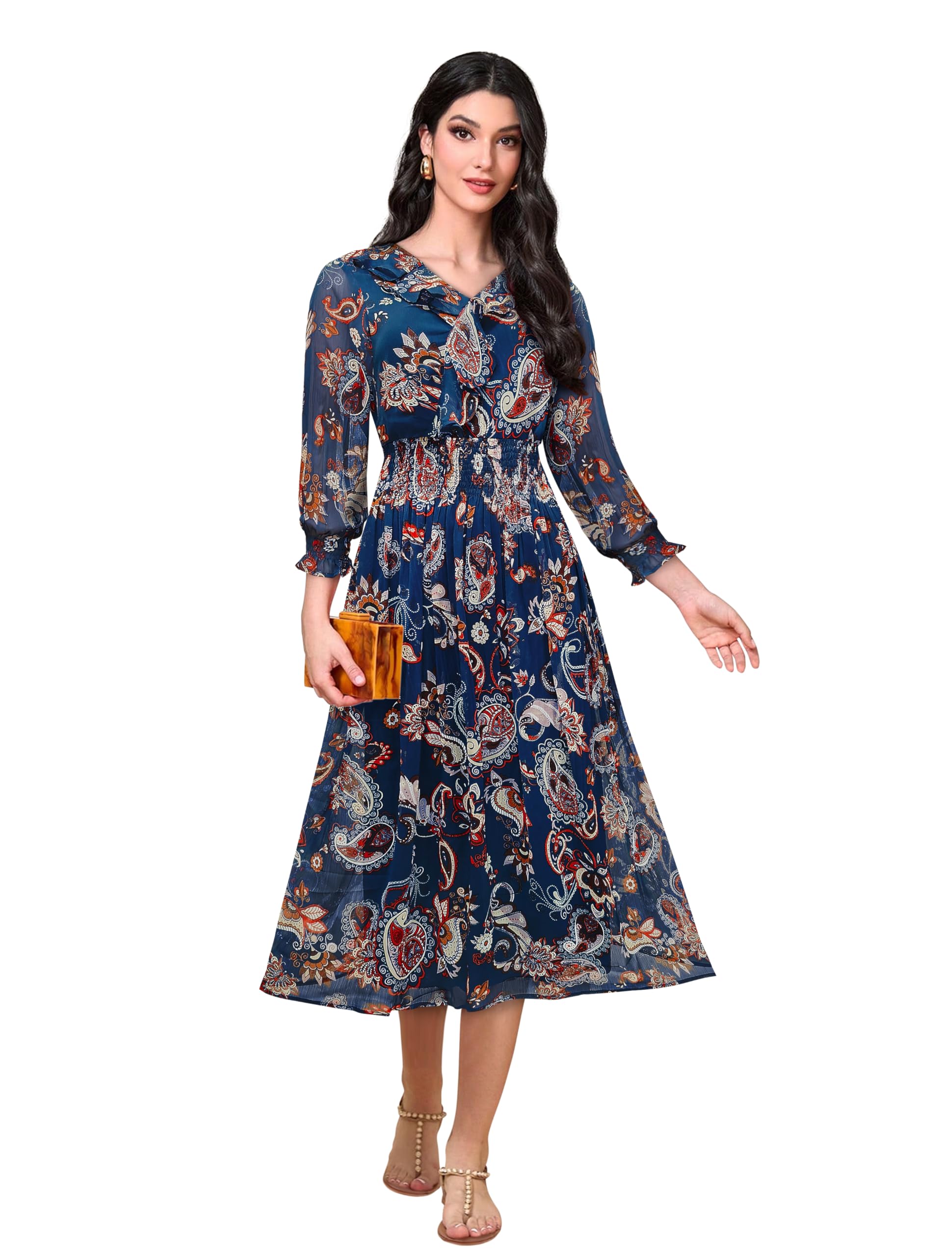 Toochki Navy Blue Georgette Paisley Print Fit & Flared Kurti Kurta Dress For Women A Line Suitable In Summer Latest Trendy Styli