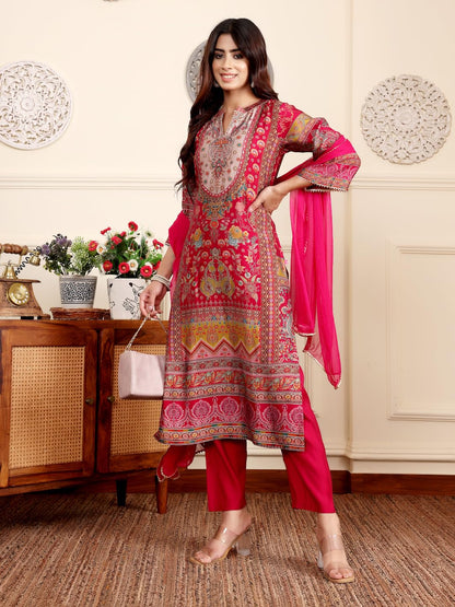 Varanga Women Pink Ethnic Floral Printed Gota Embellished Flared Sleeve Kurta With Solid Trouser & Dupatta  Stylish Ethnic Set (
