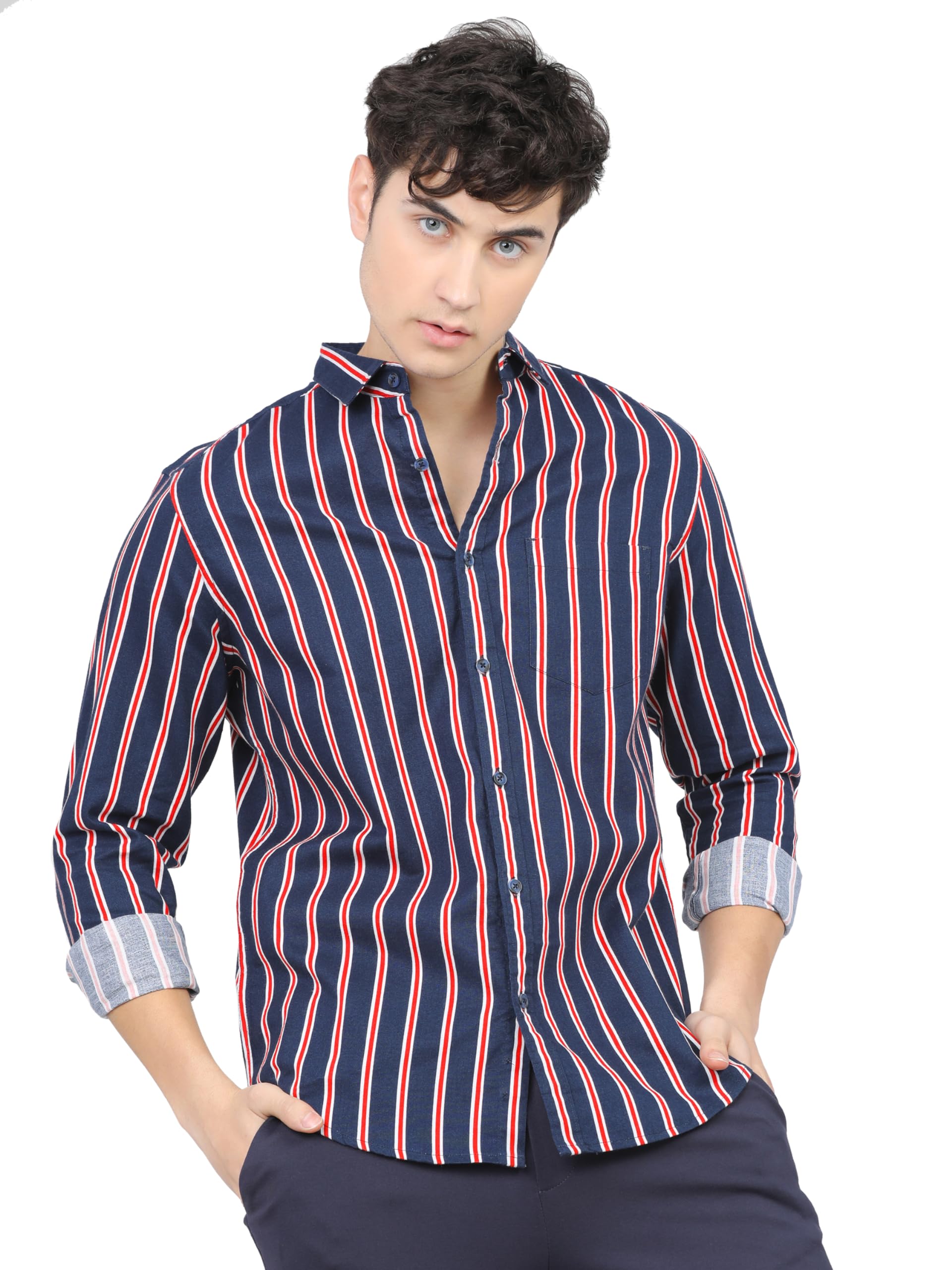 Ketch Men'S Cotton Striped Slim Fit Shirt (Khsh000344_Navy/White/Red L)