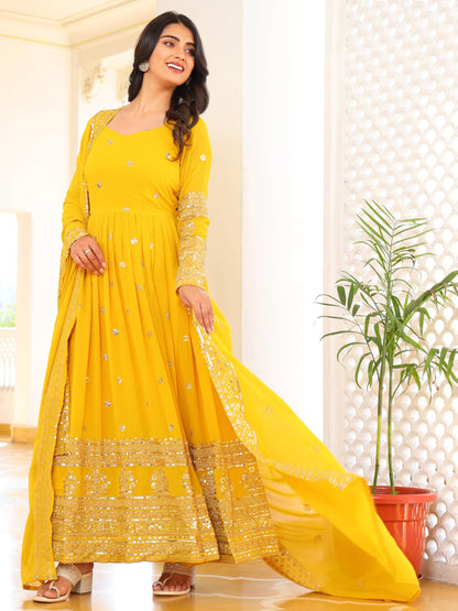 Fashion Basket Georegtte Anarkali Long Dress For Women Yellow