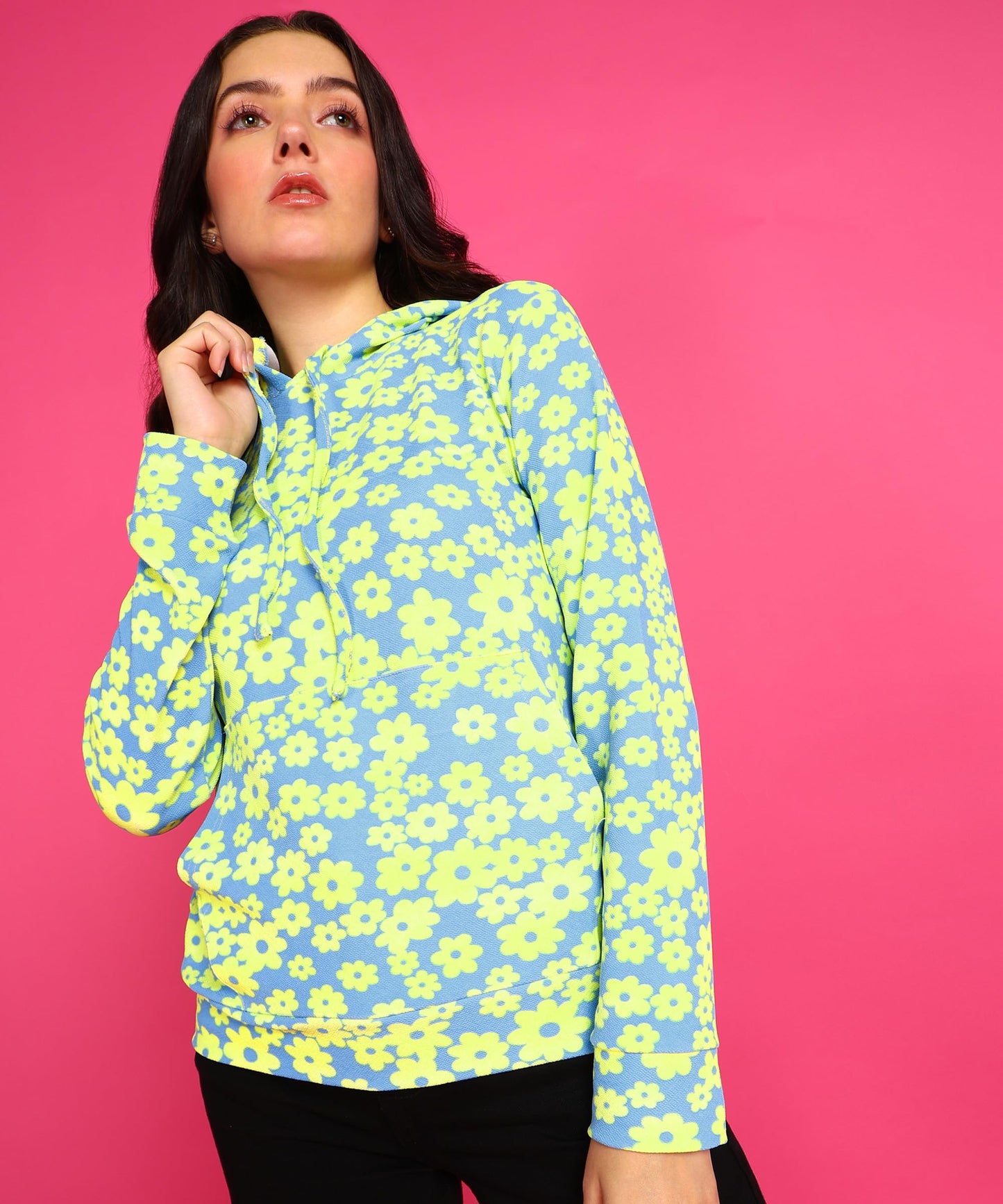 POPWINGS Women Casual Yellow Green Floral Print Hooded Pocket Sweatshirt | Winter Wear | Trendy Sweatshirts