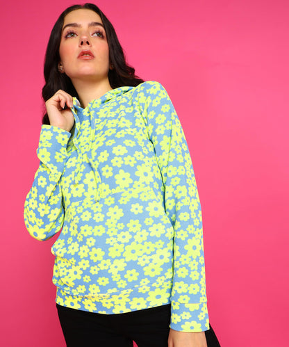 POPWINGS Women Casual Yellow Green Floral Print Hooded Pocket Sweatshirt | Winter Wear | Trendy Sweatshirts