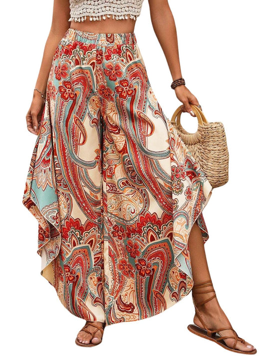 Greciilooks Boho Printed Wide Leg Palazzo Pants For Women, Flowing High Waist Rayon Trousers For Beach, Vacation, Lounge, And Su