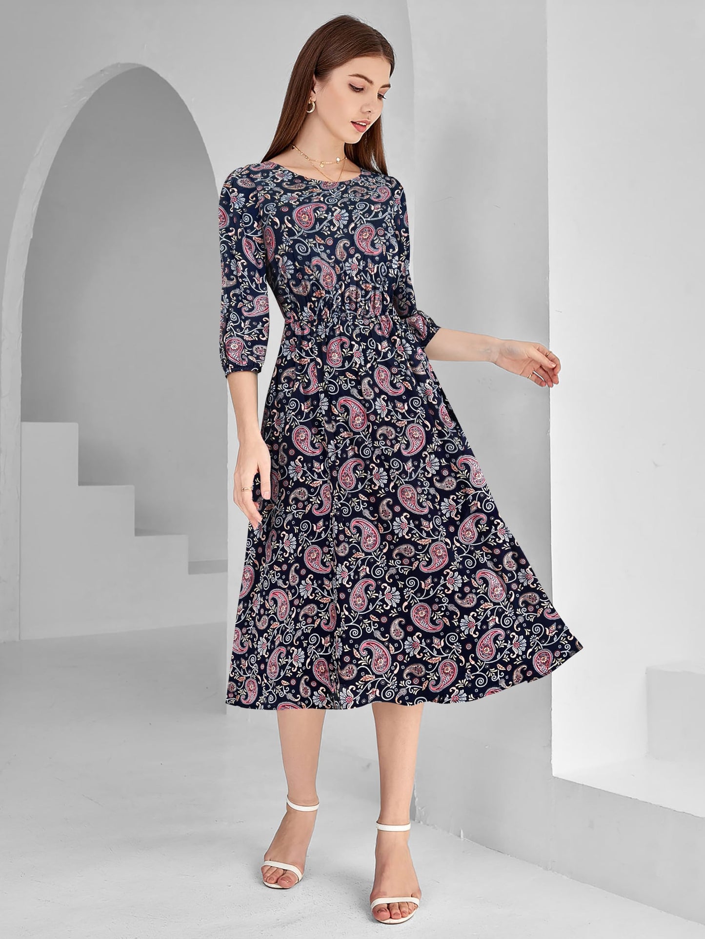 Toochki WomenS Navy Blue Rayon Paisley Print Fit & Flared Western Dress | Dress For Women | A Line Dress | Winter Dress | Weste
