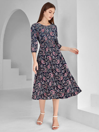 Toochki WomenS Navy Blue Rayon Paisley Print Fit & Flared Western Dress | Dress For Women | A Line Dress | Winter Dress | Weste