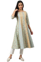W For Woman Light Green Geometric Printed Cotton Regular Glitter Kurta with Beads