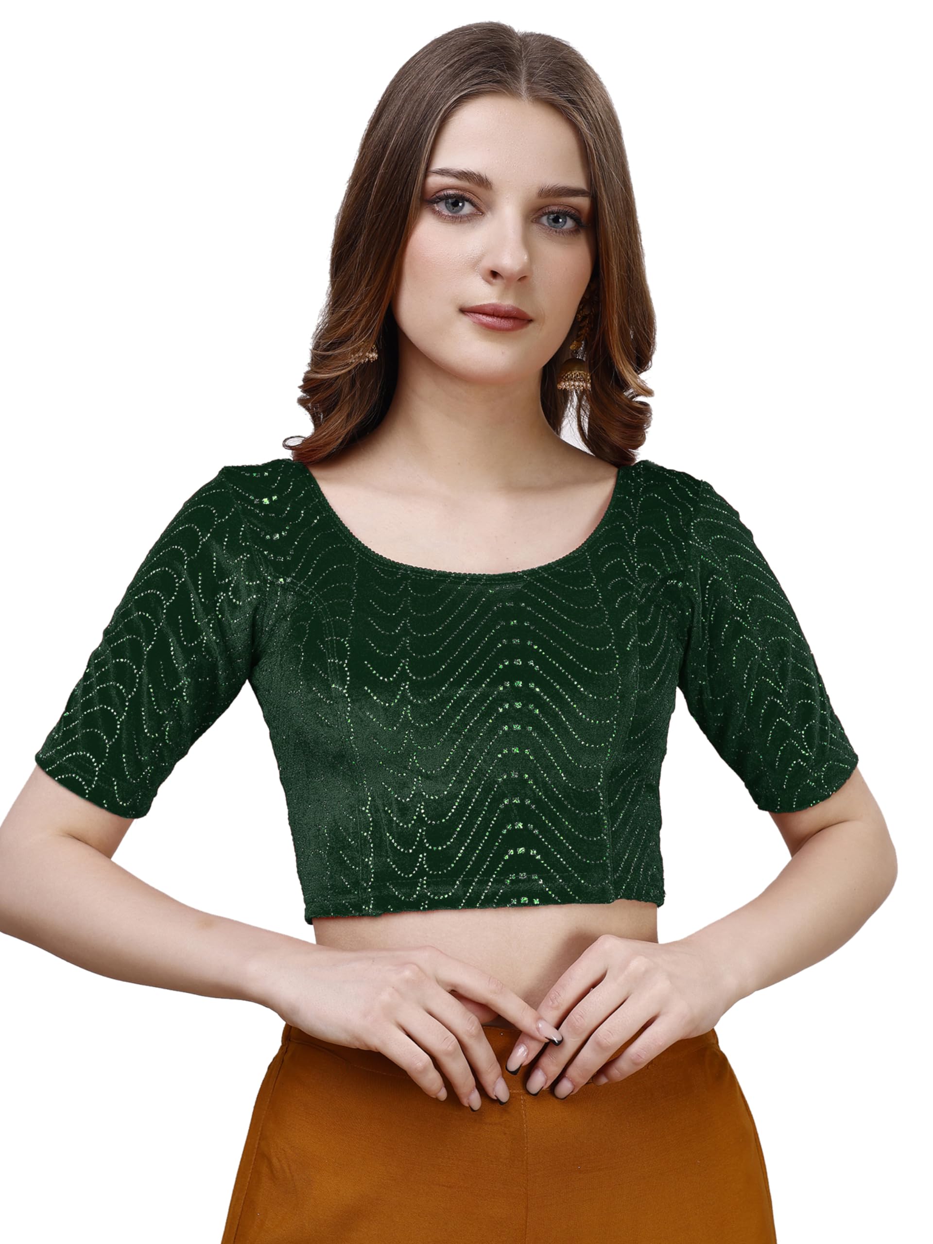 Vihu Fashion WomenS Readymade Hosiery Velvet Lycra Stretchable Round Neck Half Sleeve Blouse With Jari Work Fancy Green Color L
