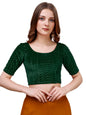 Vihu Fashion WomenS Readymade Hosiery Velvet Lycra Stretchable Round Neck Half Sleeve Blouse With Jari Work Fancy Green Color L