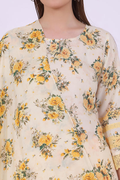 Aurelia Women's Yellow Printed Straight Kurta with Palazzo & Dupatta Set