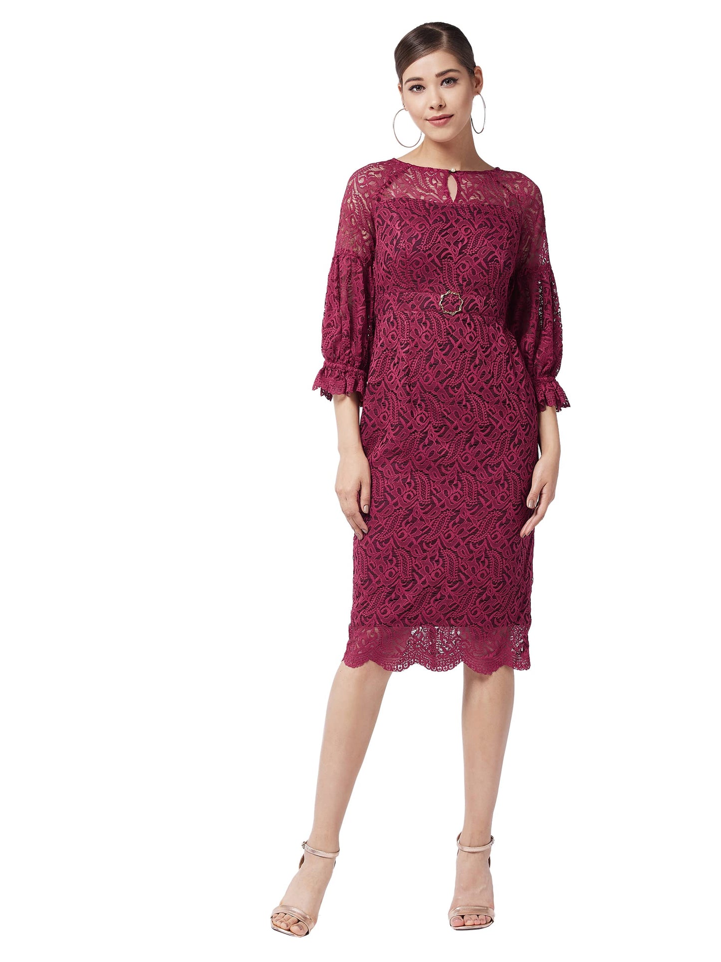 Miss Chase WomenS Maroon Round Neck Puff Sleeve Floral Lace Overlaid Midi Dress(Mcaw21D13-47-143-06,Maroon,Xl)