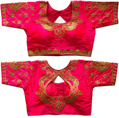 Pujia Mills WomenS Multicolor Water Drop Back Neck Peacock Embroidery Stone Work Half Sleeves Design Phantom Silk Readymade Sar