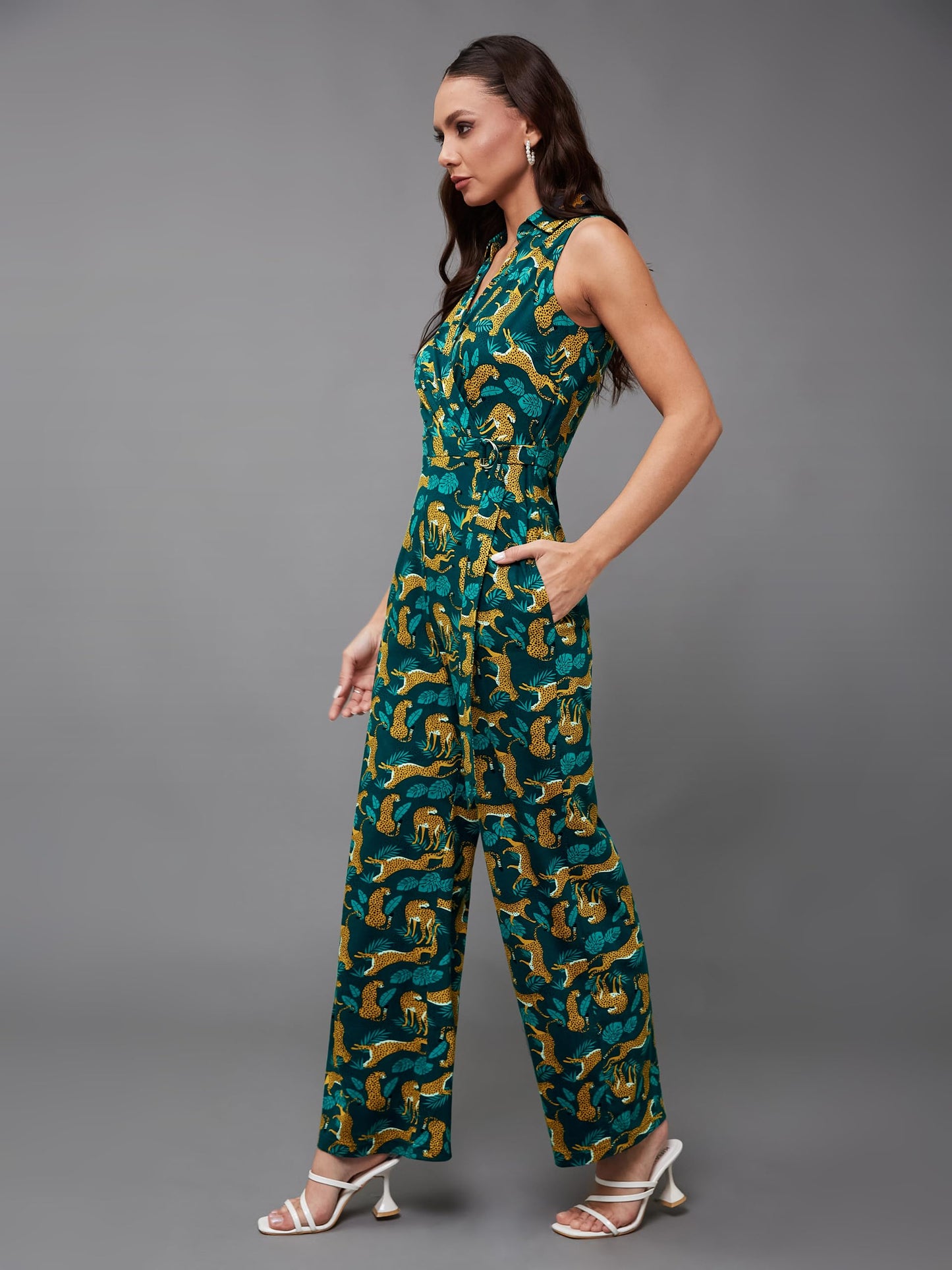Miss Chase WomenS Shirt Collar Sleeveless Animal Printed Regular Length Jumpsuit With Pockets (Mcss24D19-43-306-02, Multicolore